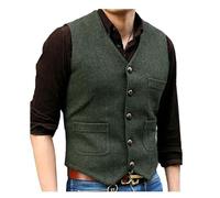 KWTF Men's Suit Formal V Neck Wool Herringbone Tweed Casual Waistcoat Formal Business Vest Groomman For Wedding Green/Black/Brown