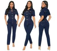 KWTF Sexy Stretchy Short Sleeve Bodycon Jeans Jumpsuit Denim Playsuit Skinny Full Length Long Jumpsuits for Women