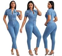 KWTF Sexy Stretchy Short Sleeve Bodycon Jeans Jumpsuit Denim Playsuit Skinny Full Length Long Jumpsuits for Women