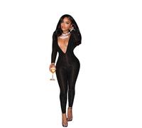 KWTF Sexy V Neck Backless Black Long Jumpsuit Women Long Sleeve Shiny Bodycon Rompers Night Party One Piece Club Outfit