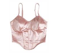 KWTF Summer for Girl Women's Asymmetrical Hem Spaghetti Strap Curved Satin Crop Cami Top Pink