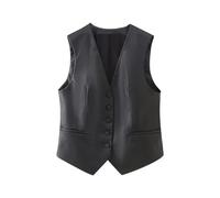 KWTF Women Fashion Front Button Faux Leather Waistcoat Vintage V Neck Sleeveless Female Outerwear Chic Vest Tops