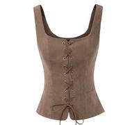 KWTF Women Vintage Faux Suede Square Neck U-Back Lace-up Front Vest Coat Waistcoat Renaissance Cosplay Costume Peasant Bodice