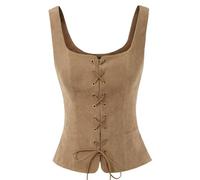 KWTF Women Vintage Faux Suede Square Neck U-Back Lace-up Front Vest Coat Waistcoat Renaissance Cosplay Costume Peasant Bodice