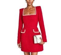 Kwunbwa Women Elegant Tweed Mini Dress Long Sleeve Square Neck Pearl A Line Formal Prom Business Party Short Dresses, Red, M