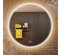 KWW Large Modern LED Round Mirror Bathroom Vanity Mirror, Color Temperature Adjustable, Wall Mounted, Anti-Fog Dimmable Lights Makeup Mirror (Two apertures, 98_x_98_cm)