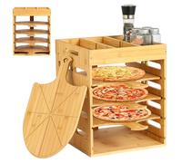 KWYADLUO Pizza Peel Rack Stand Wooden, 4 Pack of 12 Inch Pizza Peels Wood Non-Stick, Pizza Peel Rack Holder with Top Storage Free Container Divider, Cutting Grooves for Easy Pizza and Bread Making