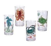 KX-WARE Sea Ocean Life 20-ounce Plastic Tumbler Drinking Glasses Mixed Drinkware Sets, set of 4 Multicolor