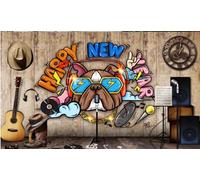 kxcghlsglj Custom Size 3D Mural Nostalgic Music Graffiti Dog Bar Background Wall-300Cm×210Cm