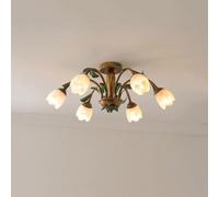 KXEcoLife 6 Lights French Rural Farmhouse Milk Glass Flower Flush Mount Ceiling Light American Style Vintage Gold Kitchen Island Lamp Nordic Creativity Hallway Chandelier For Bedroom Living