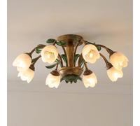 KXEcoLife 6 Lights French Rural Farmhouse Milk Glass Flower Flush Mount Ceiling Light American Style Vintage Gold Kitchen Island Lamp Nordic Creativity Hallway Chandelier For Bedroom Living