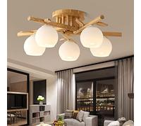 KXEcoLife Creative Rustic Wooden Ceiling Light Fixture 5 Head E27 Glass Shade Pendant Lamp for Dining Room Kitchen Bar and Living Pastoral Home Decor.