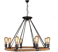 KXEcoLife Industrial Hemp Rope During Light 6-Lights Rustic Chandelier Round Wagon Wheel Ceiling Fixture with for Bar Warehouse Hearth Farmhouse-,Black Rope,8 Head,Pleasant63