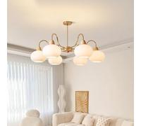 KXEcoLife Large Milk Glass Chandelier Mid Century Modern Semi Flush Mount Ceiling Light Antique Hanging Lamp Nordic Wood Farmhouse Pendant Fixture for Living Room Bedroom Dining (Color