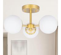 KXEcoLife Mid Century Modern Brass Semi Flush Mount Ceiling Light, 3-light Frosted Globe Glass Gold Chandelier, Hanging Light Fixture For Bedroom Living Room Nursery Foyer, Gold,