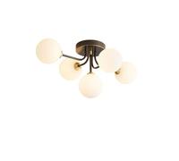 KXEcoLife Mid Century Modern White Glass Globe Ceiling Light 5 Lights Black Brass Lamp Semi Flush Mount Bathroom Fixture Sputnik Chandeliers Vintage Close To Hallway Lighting