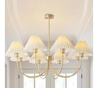 KXEcoLife Modern Ceiling Lights Brushed Brass Sputnik Chandelier With White Pleated Fabric Shades - 8- Fixture, Gold Metal, Mid Century Style