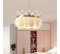 KXEcoLife Real Feather Light Modern Pendant Light, Creative Art Chandelier with Lightshade, Crystal Decorative Lamp for Bedroom Kitchen Restaurant Living