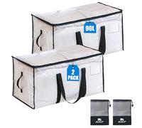 KXF 2 Packs 90L Waterproof Transparent Storage Bag with Drawstring Bag Wardrobe Organiser Foldable Duvet Storage Box with Lid Clothes Storage Moving Boxes with Handle