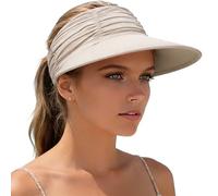 KXF Sun Visors Hat for Women Wide Brim Beach Hat Foldable Visor Hat Cap Ponytail Summer Packable UPF 50+ Adjustable Stretchy Khaki