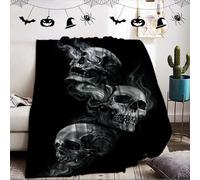 KXHHYB Halloween Blanket, Bats Pumpkins Blanket, Skull Flannel Blanket, Fluffy Spider Webs, Halloween Cuddly Blanket for Sofa for Halloween Decoration (Black Skulls, 150 x 200 cm)