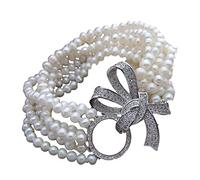 KXQYIKYI 8" 6 Strands Round Cultured White Freshwater Pearl Bracelet Cubic Zirconia Pave Clasp