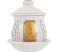 KXQYIKYI Ceramic Water Offering Cup with Tray and Lid, Exquisite Buddhist Worship Cup for Altar, Tibetan Temple Supplies, Holy Water Bowl for Home and Temple Decor - 4.13 x 3.34 inches