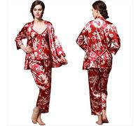 KXQYIKYI Silk Satin Pajamas Set Cami Nightwear With Robe And Pant - Sexy V-Neck Spaghetti Strap Nightwear 3Pcs,Women'S Dragon Pattern Floral Print Silky Sleepwear (Cha (Champagne XXL)