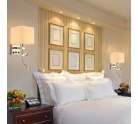 KXQYIKYI Wall Lamp Led Wall Lights Indoor with USB Charging Port Lamp Holder 350 Twin Spotlights Adjustable Linen Fabric Shade Button Switch Bedroom Bedside(Linen,White Light)