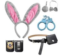 KxrTpx 6Pcs Bunny Costume, Zoo City Rabbit Costume Accessories with Bunny Ears and Tail Toy Handcuffs, Police Badge, Belt with Leather Pouch, Role Play Costume for Halloween Parties and Themed Events