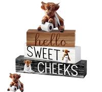 KxrTpx Highland Cow Ornaments, Bathroom and Home Decor Set, 4PCS Highland Cow Accessories with Farmhouse Style, Rustic Wooden Decorations for Living Room and Western-Themed Interior Design