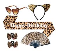 KxrTpx Leopard Print Birthday Decorations, Girls Leopard Costume Accessories with Sash and Crown, Animal Theme Party Supplies for Jungle Safari Events, Set of Six Pieces with 60cm Sash and Hair Clips