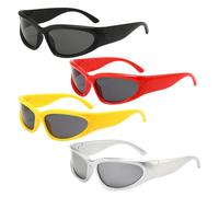 KxrTpx Y2K Sunglasses, Rave Sunglasses, Wrap Around Sunglasses, Four Piece Set with Sand Black Grey Lens, Silver White Mirror Lens, Bright Yellow Grey Lens, Bright Red Grey Lens