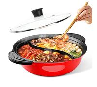 Kxuhivc Hot Pot with Divider for Induction Cooker Dual Sided Soup Cookware Two-flavor Chinese Shabu Shabu Pot for Home Party Family Gathering, 4.5 Quart (Red)