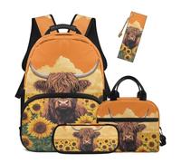Kxyudcn Highland Cow Backpack Set Sunflower Bookbag Cute Lightweight Kids Bookbag and Lunch Box Set Girls 4 in 1 School Bag for Girls 10-12 Travel Outdoor Camping Daypack Hiking Back to School Gifts