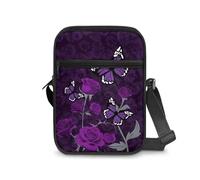 Kxyudcn Little Messenger Bag Women's Lightweight Adjustable Strap Crossbody Purse with Zipper Pockets, Purple Rose Butterfly, One Size