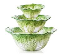 KXZ Green Cabbage Serving Bowl Set of 3 for Kitchen - Extra Large 60oz, 16oz, 5oz Nesting Mixing Bowls, Porcelain Dishes for Salad, Entertaining, Fruit, Vintage, Decorative, Ceramic Pho Soup Tureen