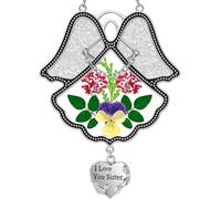 KY&BOSAM Suncatcher Angel I Love You Sister Stain Glass Panels Sun Catchers Wind Chime with Pressed Flower Glass with Metal Trim Sister Heart Charm - Gifts for Mothers Day Birthdays Christmas