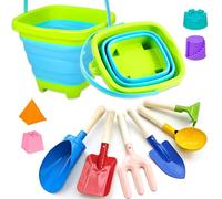 KY-Tech Collapsible Beach Toys Set for Kids, Foldable Beach Bucket and Spade Set, Collapsible Sand Bucket with 6pcs Metal Sand Shovel and 4pcs Sand Moulds for Children Toddles Age 3 4 5