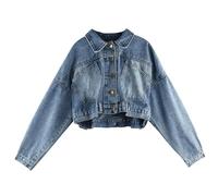 KYATON Denim Jackets Women Women Oversized Cropped Denim Jacket Vintage Crop Single Breasted Pocket Sleeve Loose Chic Jackets-blue-l