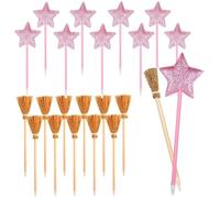 kychenBase 20 Pack Princess and Witch Party Favours - Star Ballpoint Pens & Broom Pencils, Magical Writing Set for Girls’ Parties, Bulk Glitter Pens for Birthday, Halloween, Wizard Theme Supplies