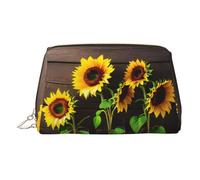 Kycvds Three Sunflowers On Wooden Toiletry Cosmetics Bag, Portable Travel Cosmetic Makeup Bag,Pvc Leather,With Compartments, Gold, One Size