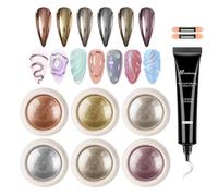 KYDA 6PCS Chrome Nail Powder with 3D Nail Gel, Gold Sliver Rose Gold Champagne Rubbing Dust, Metallic Mirror Pigment Powder and Non-Sticky Sculpting Gel for DIY Nails Designs-A