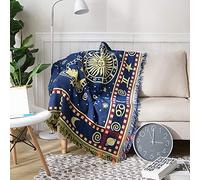KYDCO Bohemian Sofa Large Throw Blanket With Tassels, Multi-function Sun Moon Stars Celestial Blankets Cotton Warm Decorative Armchair Throw For Sofas Bed Couch,Blue,180x340CM