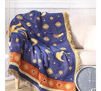 KYDCO Large Throw Blanket, Boho Sun Moon Star Fringe Blankets Shawl Multi-functional Knitted Throws For Sofas Bed Couch Armchair,Blue,180x230CM