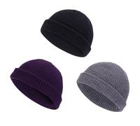 KYEDGC 3PCS Mens Beanie Hat, Wooly Hat for Men, Roll Up Fisherman Beanie, Unisex Soft & Stretchable Beanie Hat Men for Fishermen, Workers, Fashion Wear(Grey, Black and Purple)