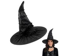 KYEDGC Witch Hat, Black Ruffled Witches Hat for Halloween Witch Costume | Cosplay, Pleated Fabric Wide Brim Pointed Crown, One-Size Adult Fancy-Dress Party Accessory