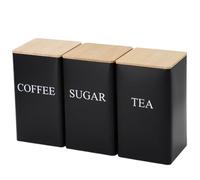 KYEQATY Black Tea Coffee Sugar Canisters Set of 3 Iron Tea CTea Coffee Sugar Jars with Airtight Bamboo Lid and Name Marker Simple Square Kitchen Canister Set for Coffee Tea Sugar Storage Black