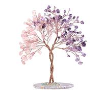 KYEYGWO Amethyst+Rose Quartz Crystal Stone Money Tree with Agate Slice Base Handmade Feng Shui Bonsai Tree Decoration Love Stone Tree Ornament for Fortune and Wealth