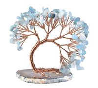 KYEYGWO Aquamarine Crystal Money Tree FengShui Bonsai Figurines with Agate Slices Base, Crystal Tree Home Office Ornament for Good Luck and Wealth, 3-4 inches Tall